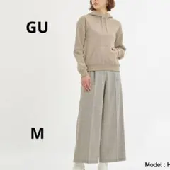 【美品】ジーユー　チェックワイドパンツ　ベージュ系　M