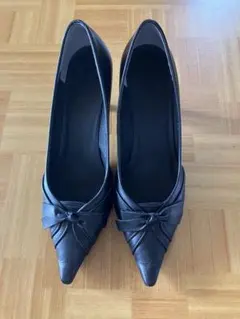 【美品】Diana ブラックレザーリボン付きハイヒール 7cm 24.5cm