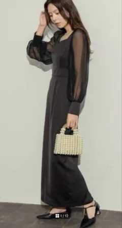 シースルー長袖黒ロングドレス　ブラック　パーティードレス　結婚式　二次会