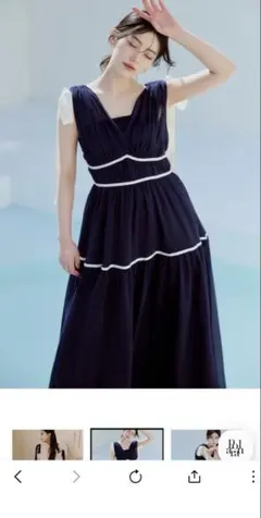 polaura ポローラ ショルダーリボンシフォンワンピース　ネイビー S