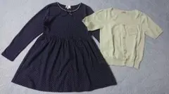 【美品】ネイビー水玉長袖ワンピースとカーディガンセット