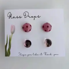 ガラス ドロップス サージカルステンレス ピアス クリア ピンク ドット