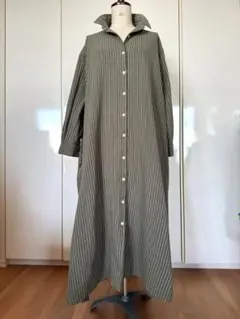 コットン100% ストライプ　シャツワンピースロングワンピース　フリー　オリーブ