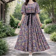 希少デザイン 大きいサイズ ローラアシュレイ 花柄コットンワンピース XL