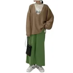 【在庫処分】リエディ ニット 深 Vネック ブラウン モカ M 長袖 畦編み