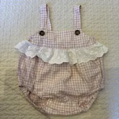 ママラク　ギンガムチェック　ピンク　ロンパース　サロペット