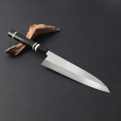 10667鏡面仕上げ出刃包丁 8寸 刺身包丁 本出刃 黒檀黒水牛角白三本巻八角柄