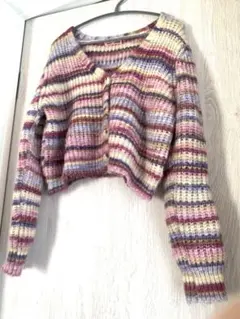 NUGU 癒しカラーのストライプクロップドモヘアニット