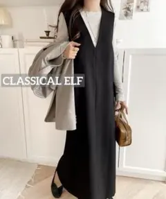 k0561 CLASSICAL ELF ポケット付Vネックワンピース　ブラックのサムネイル