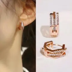 ライン ジルコニア 3連 デザイン ピアス ローズゴールド サージカルステンレス