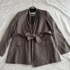 BY ユナイテッドアローズ リネン ノーカラージャケット カーキ ベルト付きのサムネイル