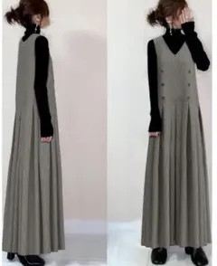 ジャンスカジャンバースカート切り替え Vネックきれいめサロペットワンピース膝丈