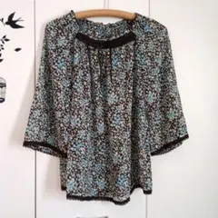 花柄 チュニック 五分袖 ブラウン×ブルーのサムネイル