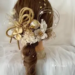 A.126＊パール水引飾りと和紐の髪飾り＊白金＊成人式 和装 卒業式 前撮り