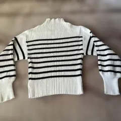 白黒ストライプ タートルネックセーター M