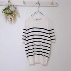 ザラ ZARA【M】ボーダー ニットトップス 半袖 ホワイト×ネイビー