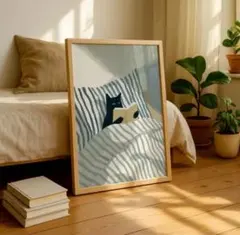 寝室で読書中な猫ポスター 30×40 北欧風 ミッドセンチュリー インテリア