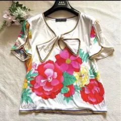 美品✨レオナール 半袖 Tシャツ 花柄 黒 コットン 綿 人気デザイン 美品】LEONARD レオナール 花柄 半袖Tシャツ 40サイズ 綿 未使用