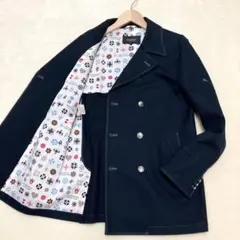 バーバリーブラックレーベル ピーコート ナポレオンコート 裏地総柄 銀ボタン 紺