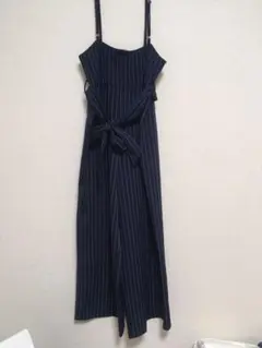 ストライプ＆ネイビー　サロペット オールイン　ワイドパンツ