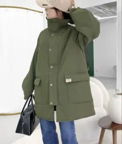 《JaVaジャバ コラボ》配色衿ボリューム中綿ブルゾン　カーキ