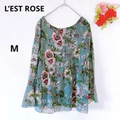 ❣️レストローズ❣️ブラウス 長袖シャツ 花柄 総柄 レース 透け感 グリーン M