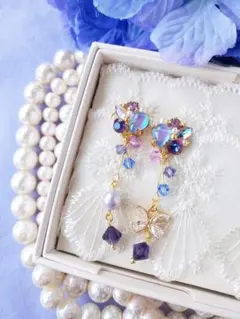 こちらラスト♪台紙込【青×紫】蝶×人工ダイヤモンドジルコニア★ピアス*イヤリング