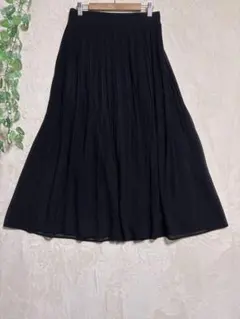 T089 シフォンプリーツ ロングスカート L ブラック ウエストゴムきれいめ