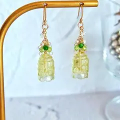 レモンクォーツ✧︎マザオブパール フラワーカービングピアス 高品質✨レモンクォーツ ベルフラワーカービング ピアス Lサイズ 14kgf