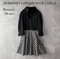 バーバリーブルーレーベル チェック切替ワンピース ホースロゴ刺繍 ティアード　黒
