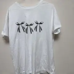 リボン柄プリント 半袖Tシャツ ホワイト