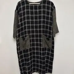 チェック　7分袖　ワンピース ブラック　ブラウン　Mサイズ　ゆったり　ウール混紡