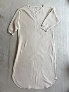 アイボリーリブ編み七分袖ワンピースM