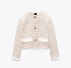 ZARAコントラストテクスチャーブレザー　ノーカラーツイードジャケット　M