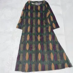 北欧風 リーフ柄 ワンピース グリーン系 ロング丈 七分袖 M ゆったり