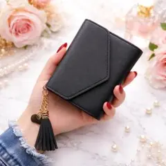 コンパクト 三つ折り財布 レディース ミニ財布 PUレザー ブラック　黒