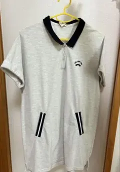 グレー 半袖ワンピース黒襟 ストライプポケット