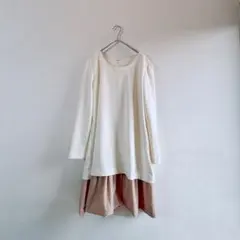 ワンピース 異素材切替 ベロア裾 3L アイボリー×ベージュ　秋冬　長袖 大きめ