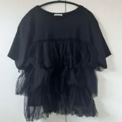 しまむら Tシャツ ティアード チュールTシャツ レース シフォン 黒 L