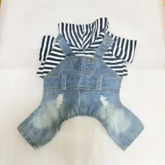 犬服 ストライプ柄シャツ デニムオーバーオール S