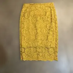 GUイエロー レース タイトスカート ひざ丈