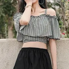 水着　レディース　オフショルダー　ギンガムチェック