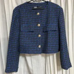 ノーカラージャケット 千鳥格子 ZARA ブルー ブラック