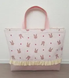 【L-83】ハンドメイド レッスンバッグ 絵本袋 入園入学 うさぎ くすみピンク