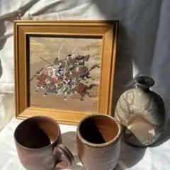「和風インテリアセット 武者絵額 西陣織風 湯呑 徳利 陶器 まとめ売り」