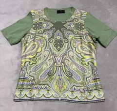 美品✨ETRO エトロ　シルクスカーフ切替ニット　半袖　グリーン　ボタニカル柄 美品✨ETRO エトロ シルクスカーフ切替ニット 半袖 グリーン