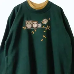 Country Store フクロウ刺繍 二重襟 スウェット ダークグリーン M