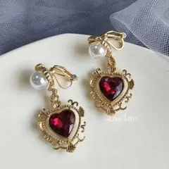 No.537 アンティークビジューハートイヤリング 赤 韓国 量産型 地雷 秋冬