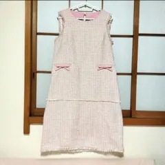 りぼん付きツイードデザインワンピース　ピンク