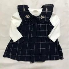 petit main ネイビー チェックワンピース×白ロンパース セット 70㎝